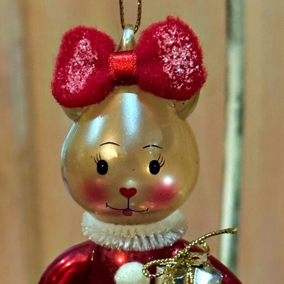 Mouse Blown Glass Christmas Ornament Red Felt Bow Skirt 6 Inches Cat? Rabbit? - Picture 5 of 6